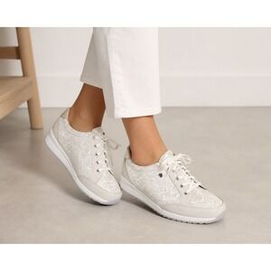 Finn Comfort Womens 6.5 Silver Swirl Leather Lace Up Walking Sneakers Germany